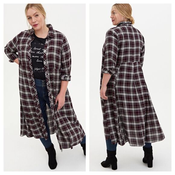 Torrid Black Plaid Brushed Challis Duster Shirt Kimono - Picture 1 of 5